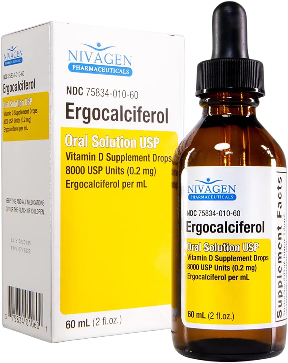 Nivagen Vitamin D2 Liquid Drops, 400 IU per Serving (2 Drops), 1,200 Servings, 60ml