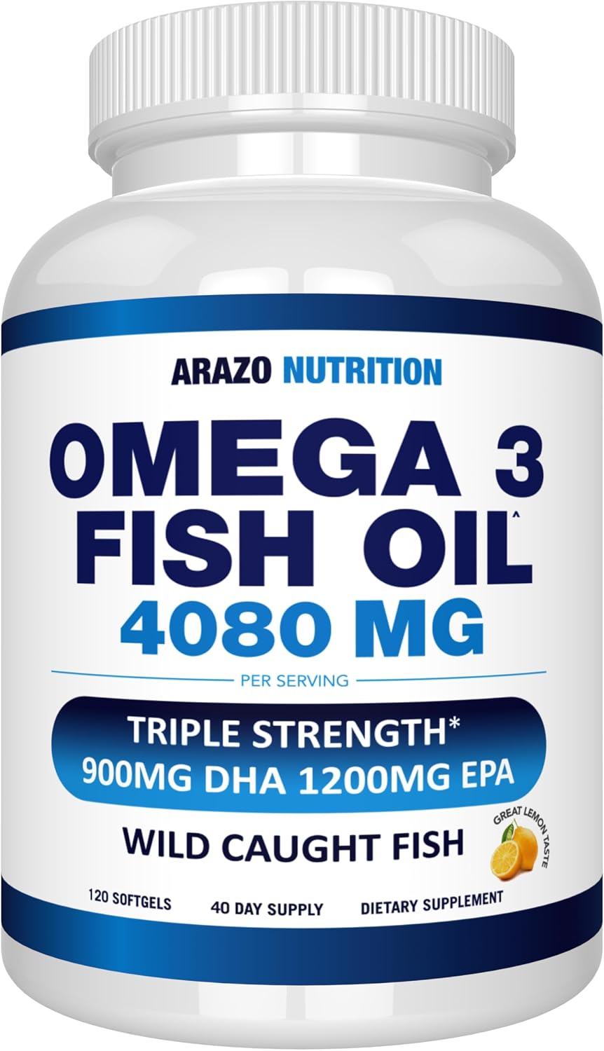 Arazo Nutrition Wild Caught Omega-3 Fish Oil Concentrate – 4,080mg per Serving – EPA 1200mg & DHA 900mg, 120 Softgels