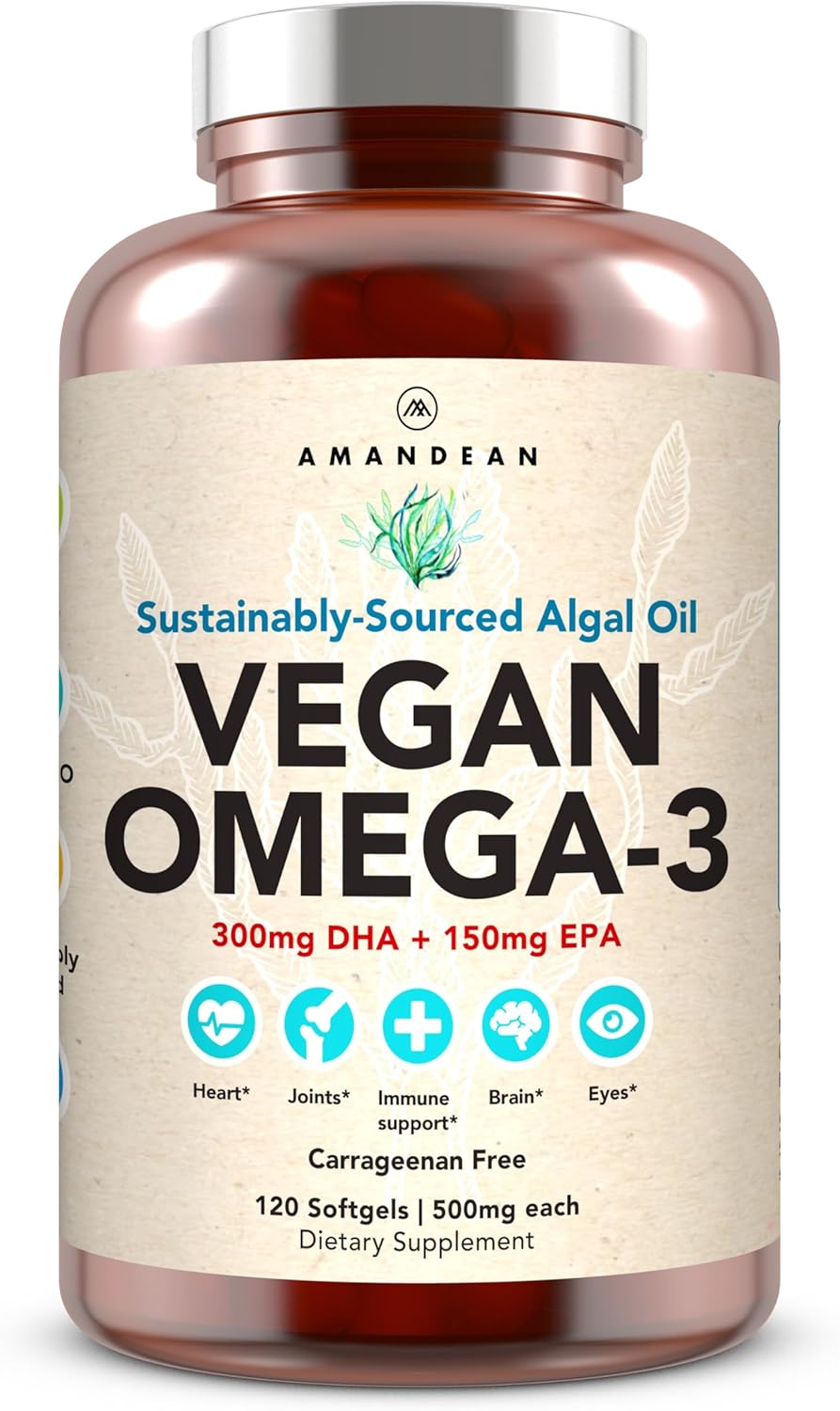 AMANDEAN Vegan Omega-3 Supplement, Algal Oil DHA EPA Softgels, 120ct, 300mg DHA + 150mg EPA