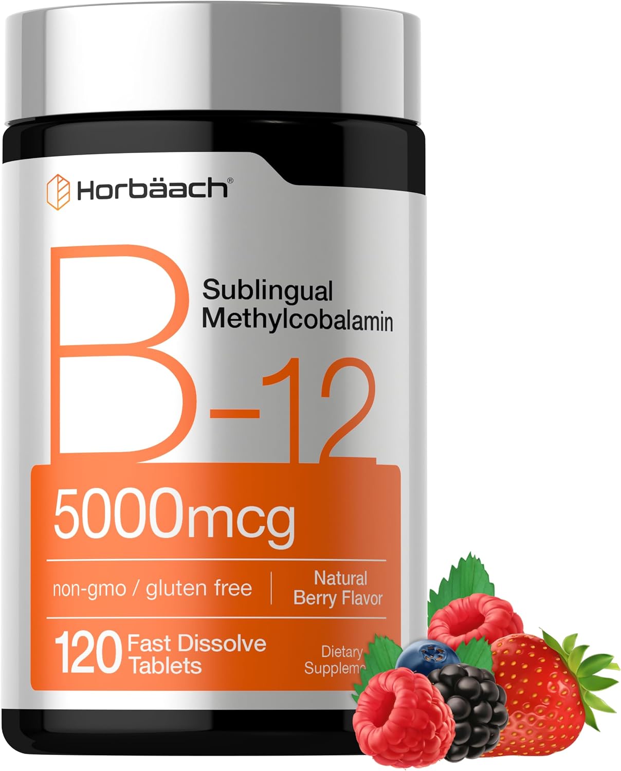 Horbäach B12 Vitamin 5000 mcg, 120 Fast Dissolve Tablets, Sublingual Methylcobalamin, Berry