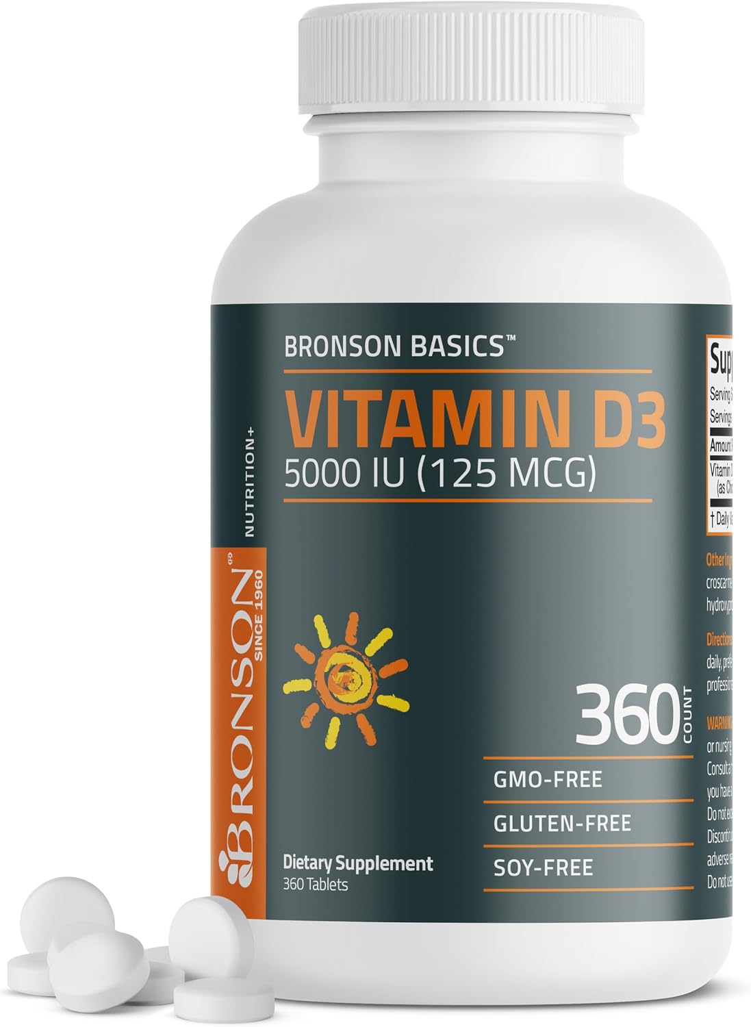 Bronson Vitamin D3 5000iu (125mcg) Non-GMO Gluten-Free Soy-Free 360 Tablets