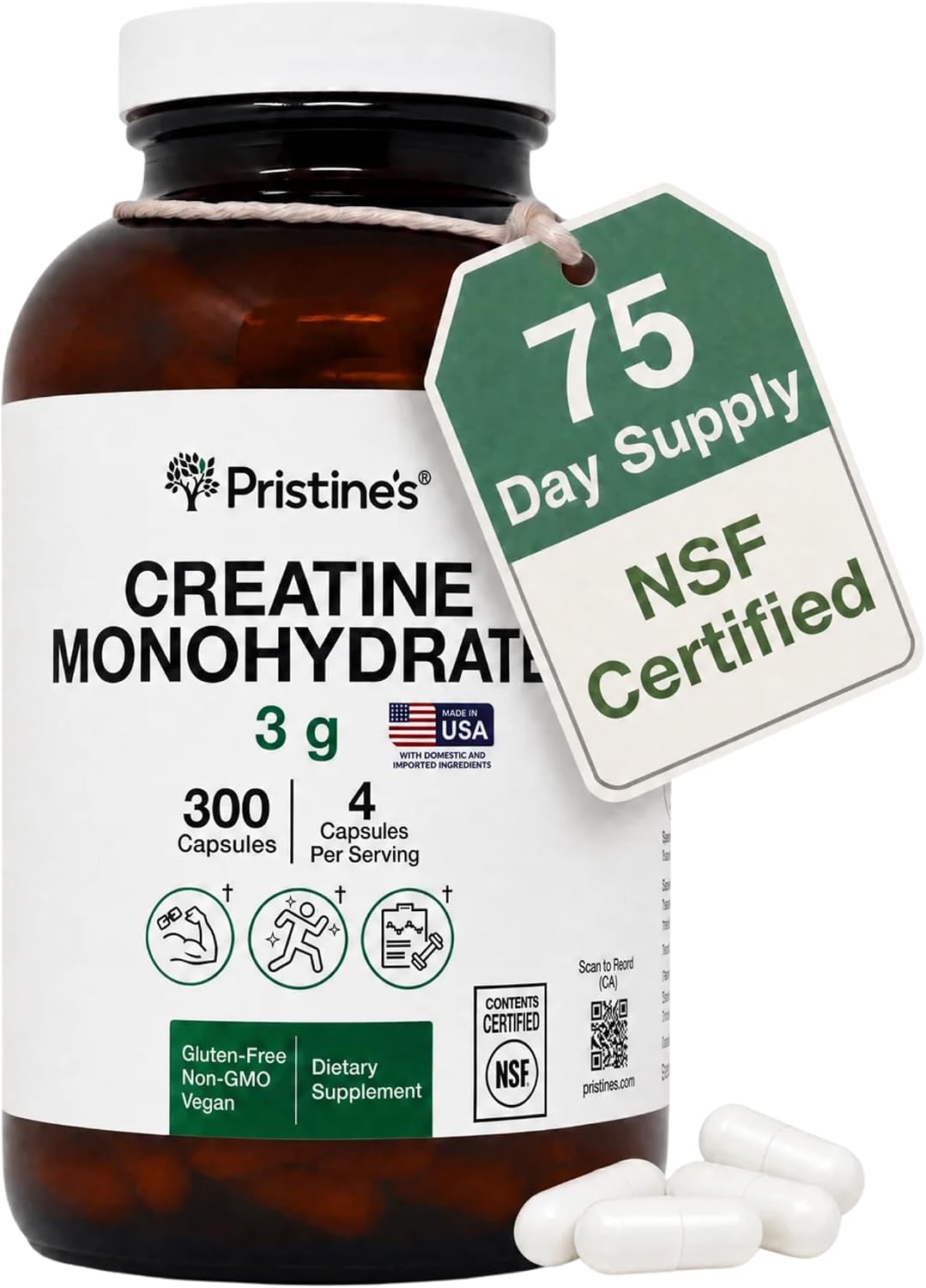 PRISTINE’s NSF Certified Creatine Monohydrate 3g Capsules, 75 Servings