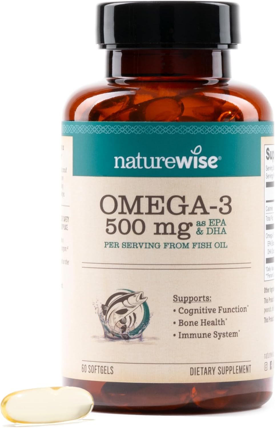 NatureWise Omega 3 Fish Oil – 500mg per Serving – 300mg EPA & 200mg DHA, Lemon Flavored, Burpless, 60 Softgels