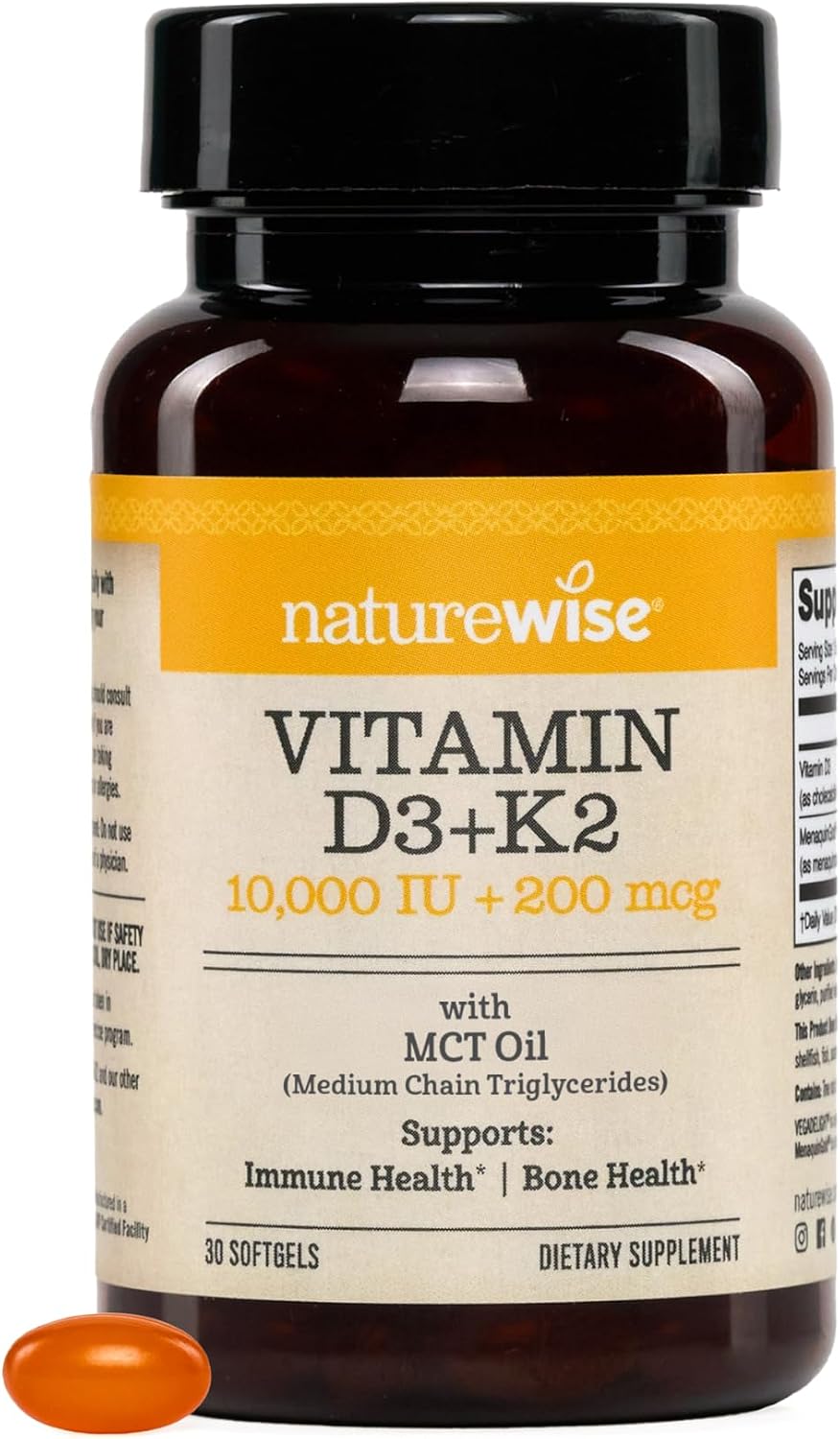 NatureWise Vitamin D3 10000IU + K2 200mcg Supplement, 30 Vegan Softgels