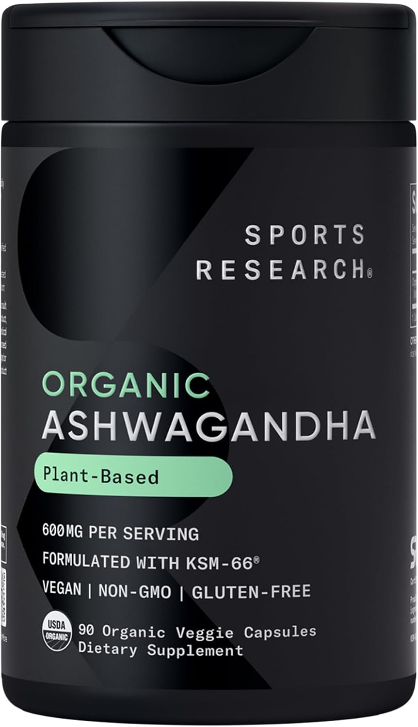 Sports Research Organic Ashwagandha 600mg w/KSM-66, 90 Count, 90 Servings