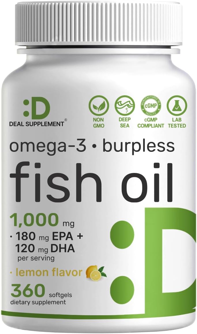 Deal Supplement Omega-3 Fish Oil Burpless Formula, 360 Softgels, 1,000mg Fish Oil with 180 EPA & 120 DHA per Serving