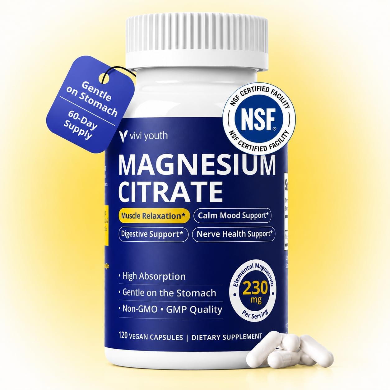 VIVI Youth Magnesium Citrate 230mg Elemental 120 Capsules, 60-Day Supply
